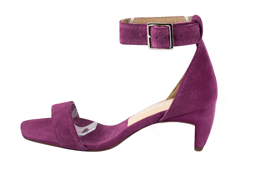 Mulberry purple women's closed back sandals, with a strap around the ankle. Square toe. Medium comma heels. Profile view - Florence KOOIJMAN